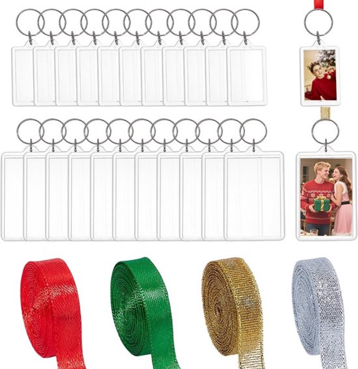 Fotolijsten Set van 24 Stuks - 2 Maten - Rechthoekige Fotolijsten - Glitter Linten - Decoratie voor Kerstboom - DIY Cadeau - Foto Ornamenten