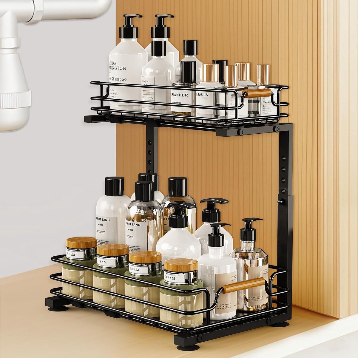 Gootsteenkast organizer - Wit - 36,5 x 26,5 x 44,5 cm - Metalen 2-laags uittrekbaar rek - Voor keuken en badkamer