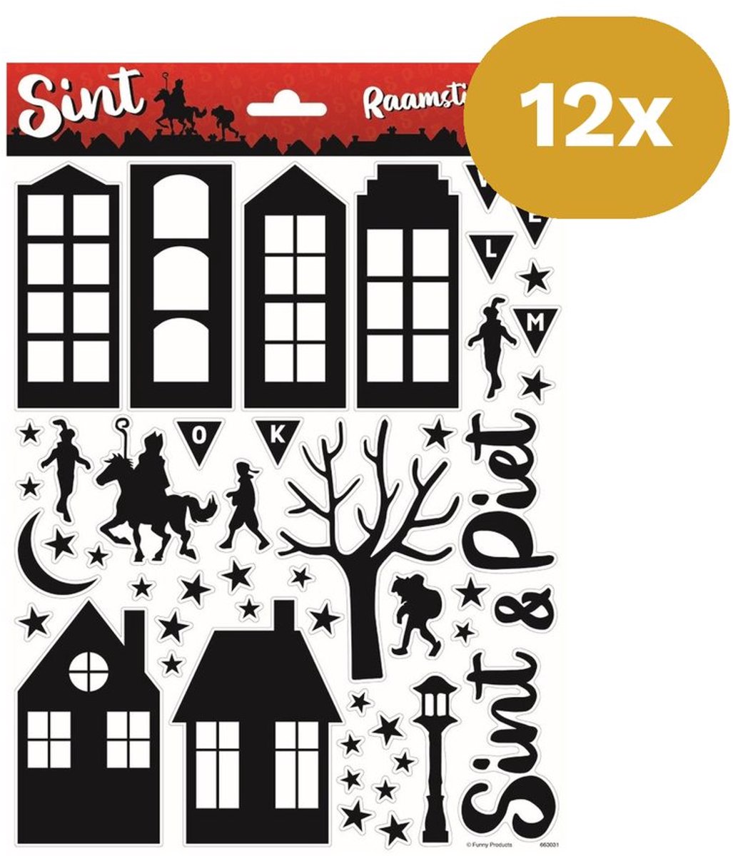 12x Sinterklaas Raamstickers A4 - Sint & Piet Silhouet Raamdecoratie - Herbruikbare Raamstickers