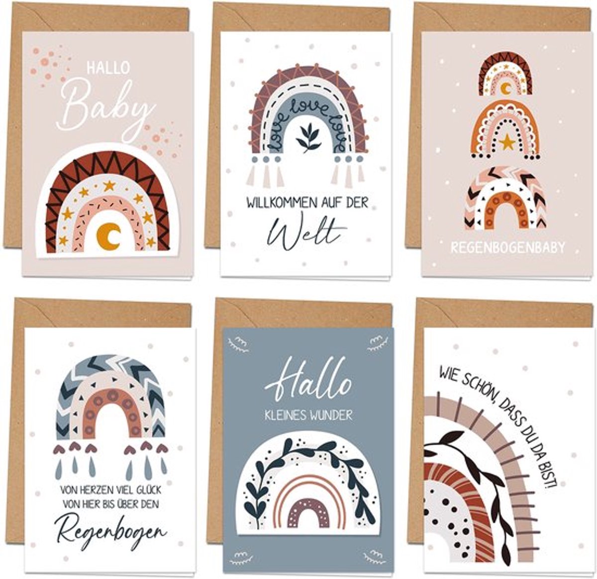 BIROYAL 6 wenskaarten voor geboorte baby, set van 6 vouwkaarten met enveloppen, geboortekaart jongen en meisje, babykaarten, wenskaart welkom, baby, regenboog