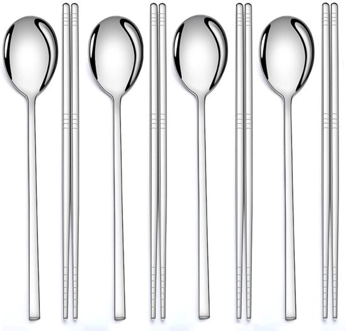 AOOSY 4 paar eetstokjes en lepelset, Koreaanse roestvrijstalen keukengerei, herbruikbaar, metaal, plat, lange greep voor thuis, keuken of restaurant