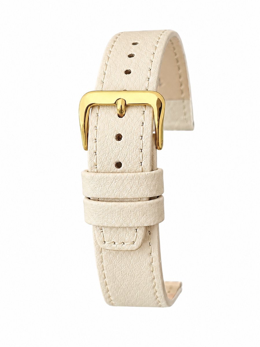 Horlogeband-Horlogebandje-20mm-off-white-Echt leder-Mat-leer-Plat-Zacht-Soepel-Goudkleurige Gesp-Gestikt-20 mm