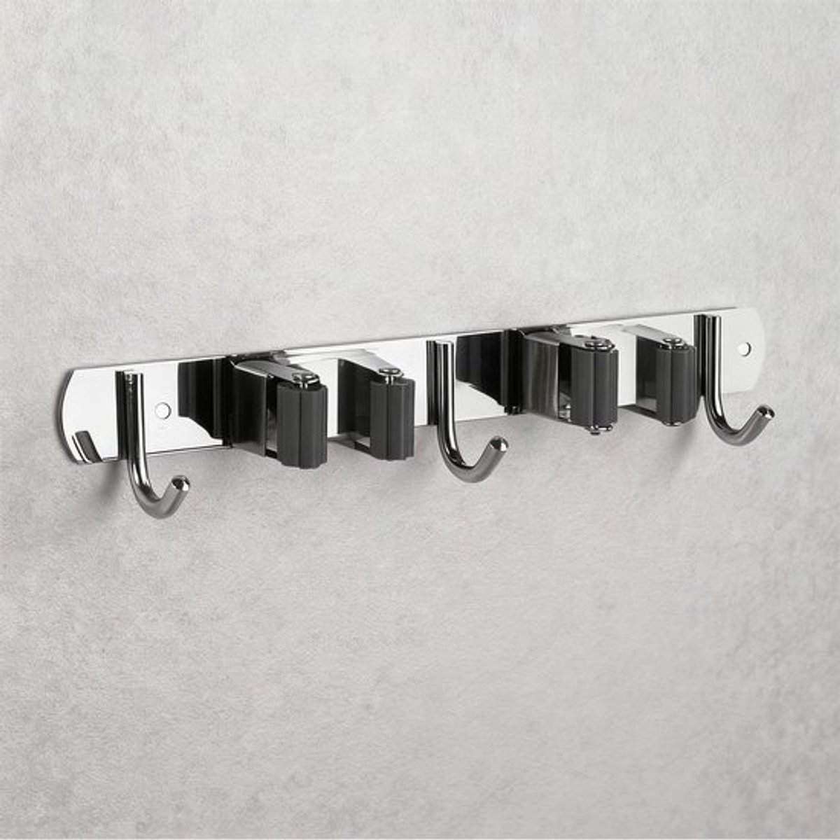 Bezemhouder Roestvrij Staal - Zelfklevende Wandhouder - 2 Clips - 3 Haken - Geschikt voor Keuken/Badkamer - Corrosiebestendig - Opbergbeugel