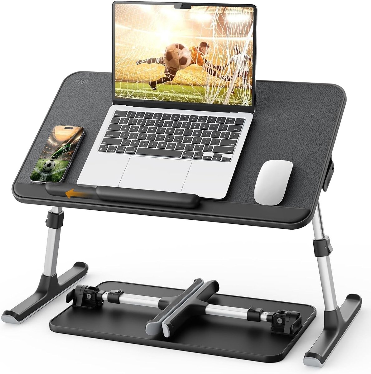 Laptoptafel - Zwart - 52 x 30 cm - Verstelbaar met Lederen Bureaublad - Voor Thuiskantoor en Studie