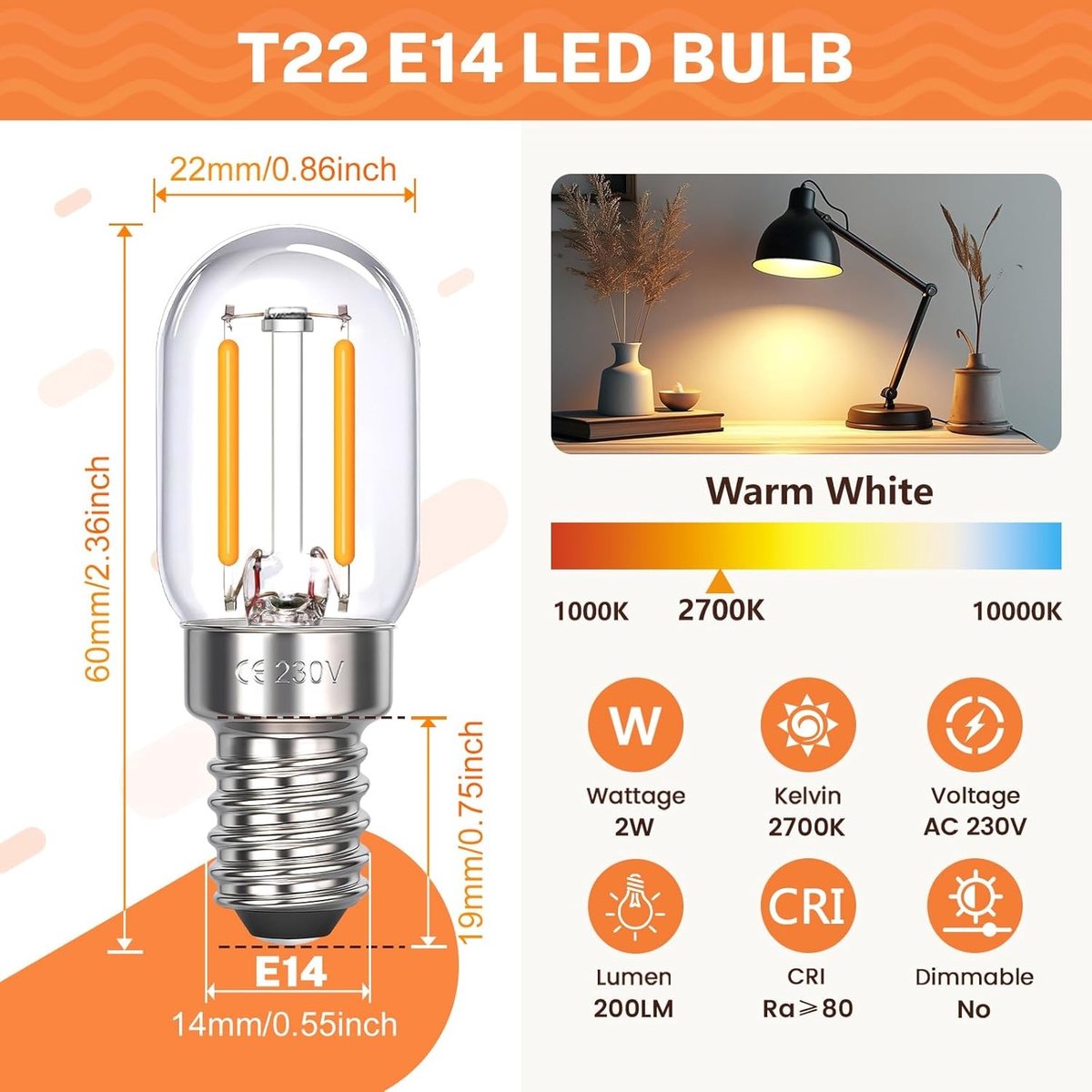 Ledlamp - Warm Wit - Ø 22 x 58 mm - E14 2W met 360 Graden Lichtstraling - Voor Koelkast en Afzuigkap