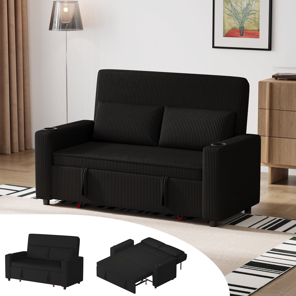 Devoko uitschuifbare slaapbank 160 x 93 x 86 cm - extra dik kussen met verenpakket, ruim en comfortabel - Zwart