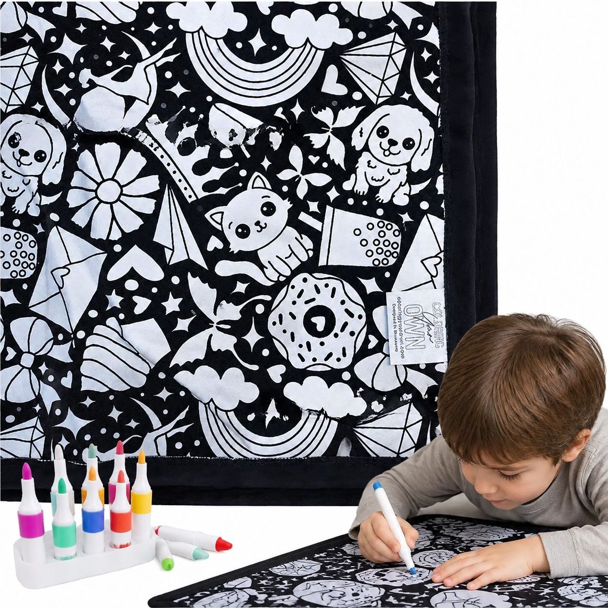 DIY Kleurdeken voor Volwassenen met 24 Stiften – Wasbaar Fluweel Zacht – Creatief Cadeau voor Thuisdecoratie – Geschikt voor Kinderen en Groepen(Vrolijke krabbels J)