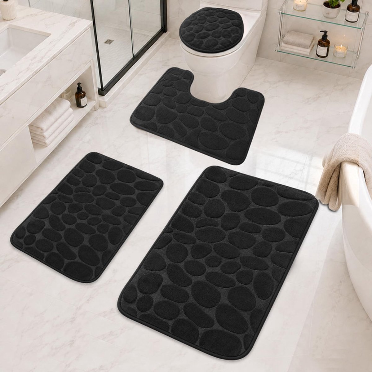 NZBZ Badmatset 4-delig - zacht traagschuim met fluwelen oppervlak - absorberend en sneldrogend met antislip PVC-onderzijde - machinewasbaar voor badkamer, douche en toilet, zwart