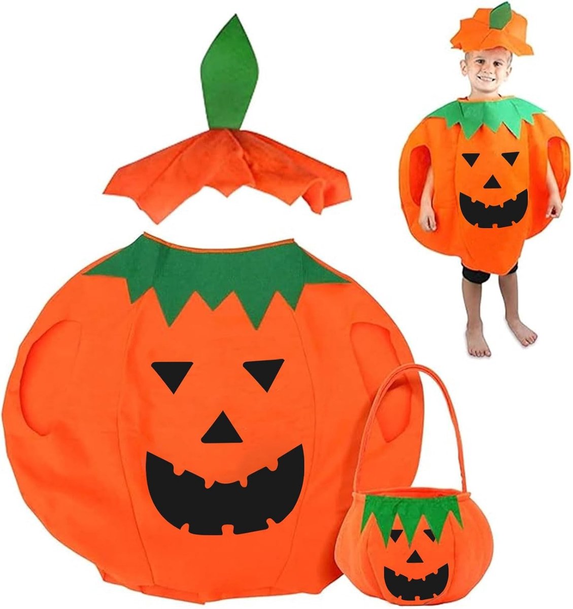 Pompoenkostuum voor kinderen met hoed en pompoenzak, ideaal voor Halloween en carnaval, leuk voor jongens en meisjes