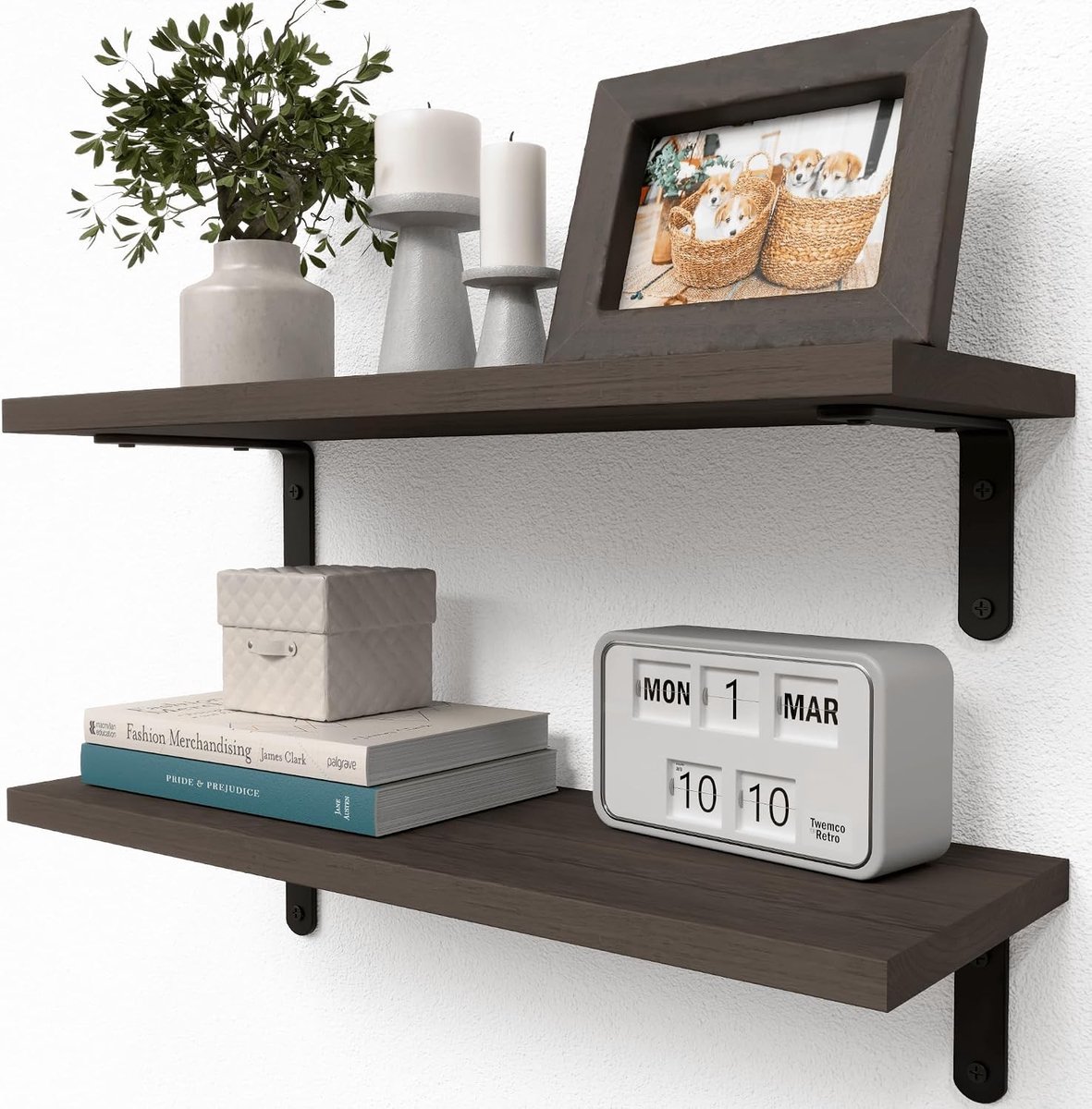 Rustieke Houten Zwevende Planken Set van 2, Muurbevestigde Planken voor Wanddecoratie, Stevige Boekenplank voor Woonkamer, Badkamer en Keukenopslag, Donkerbruin Design