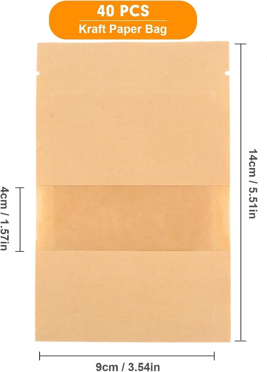 Set van 40 Herbruikbare Kraft Papieren Tassen met Venster - 9 x 14 cm - Ideaal voor Koekjes, Noten en Snoepgoed