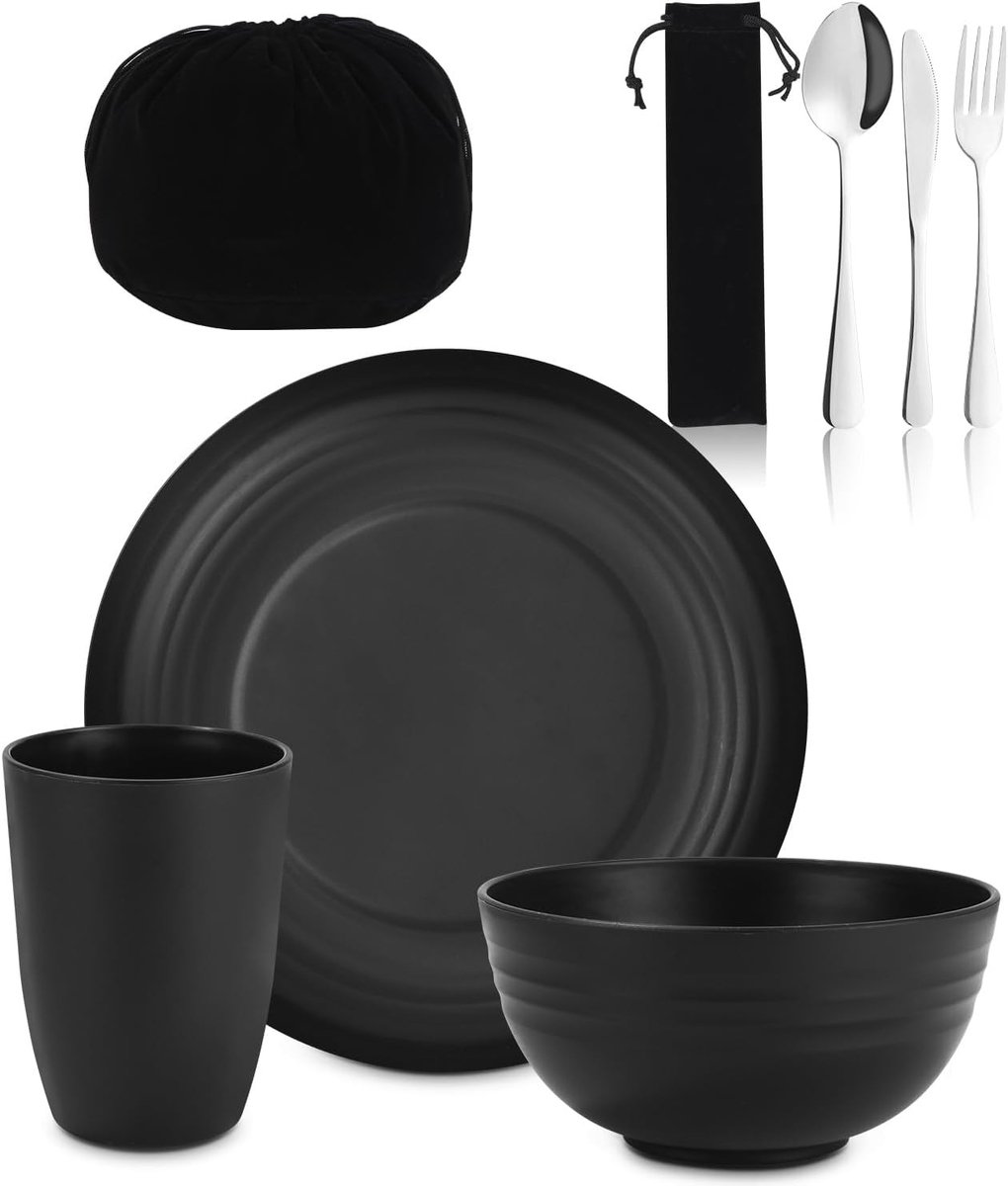 Campingbestekset - Zwart - Roestvrij Staal - Inclusief Beker, Kom en Bord - Voor Outdoor en Picknick
