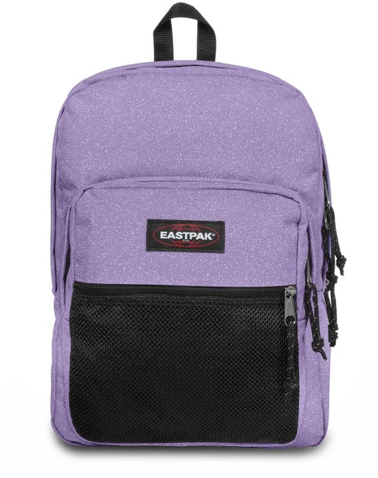 Sac à dos Eastpak violet avec imprimé pailleté et poche avant noire en filet.