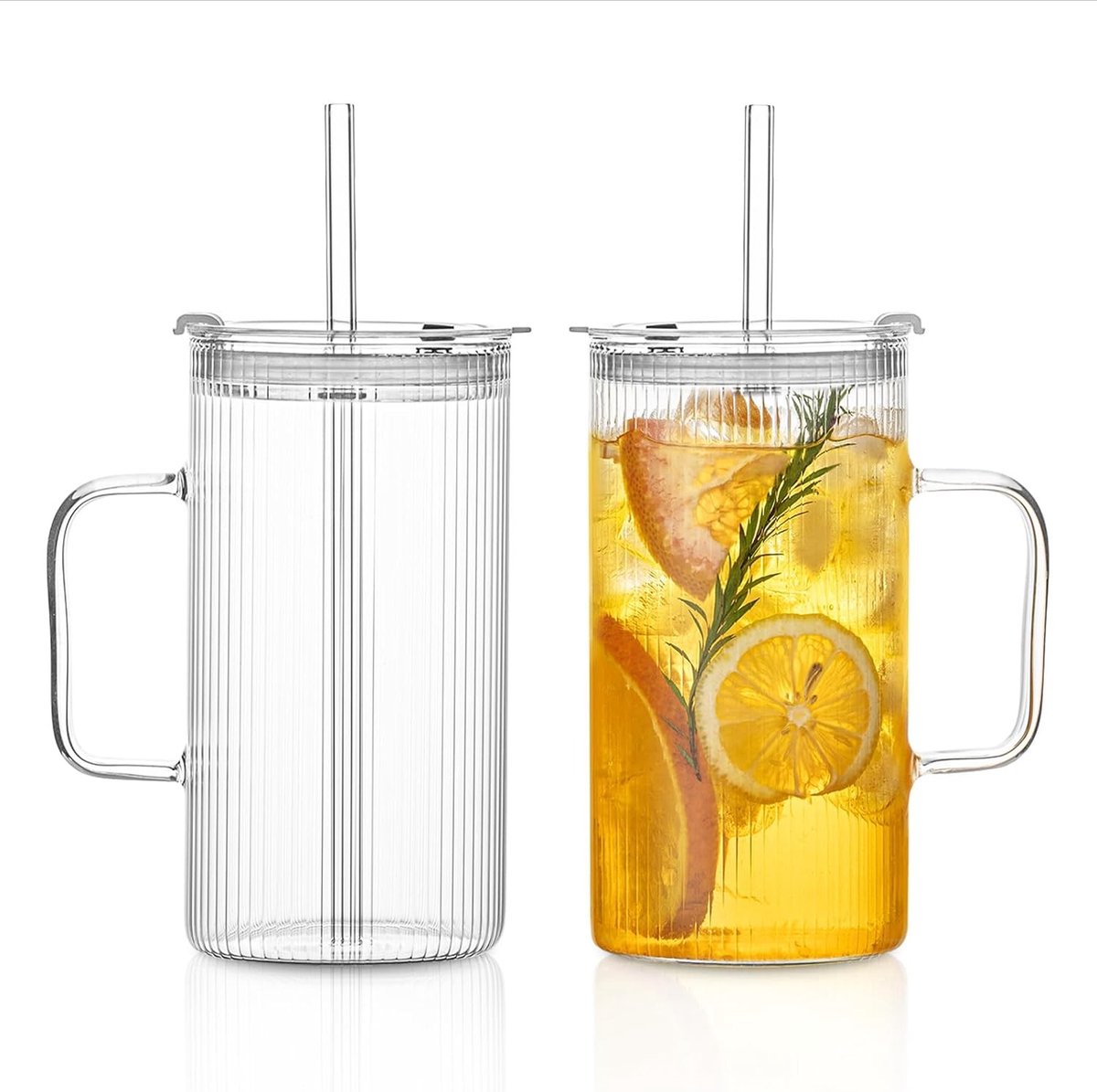 Ijskoffie glazen - Transparant - 760 ml - Geribbelde glazen bekers met handvat, deksel en rietje - Voor koude en warme dranken