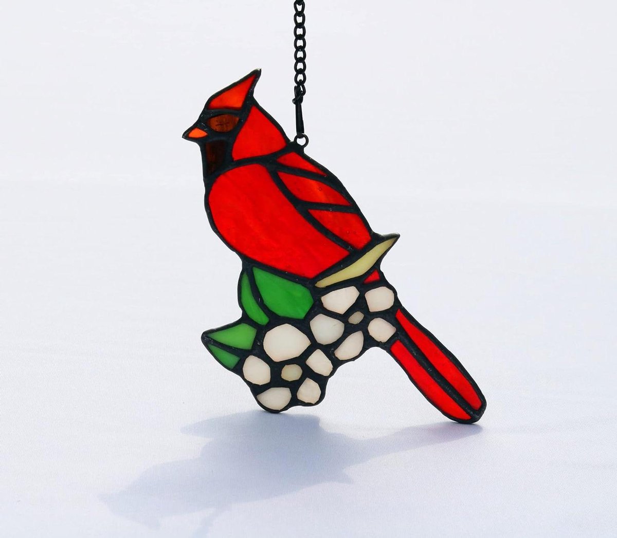 Kardinaal Glasdecoratie - Raamhangers Vogel - Herdenking en Troost - Handgebrandschilderd Glas - Met Ketting - Rood met Bloem