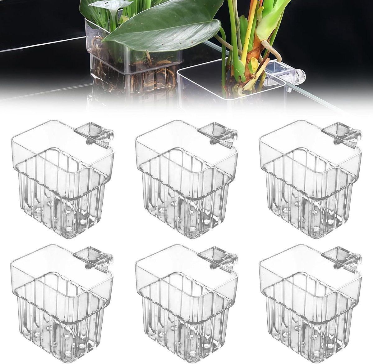 Set van 6 Hangende Plantenhouders voor Aquariums - Transparante Acryl Potten voor Aquaponics en Aquascaping Decoraties