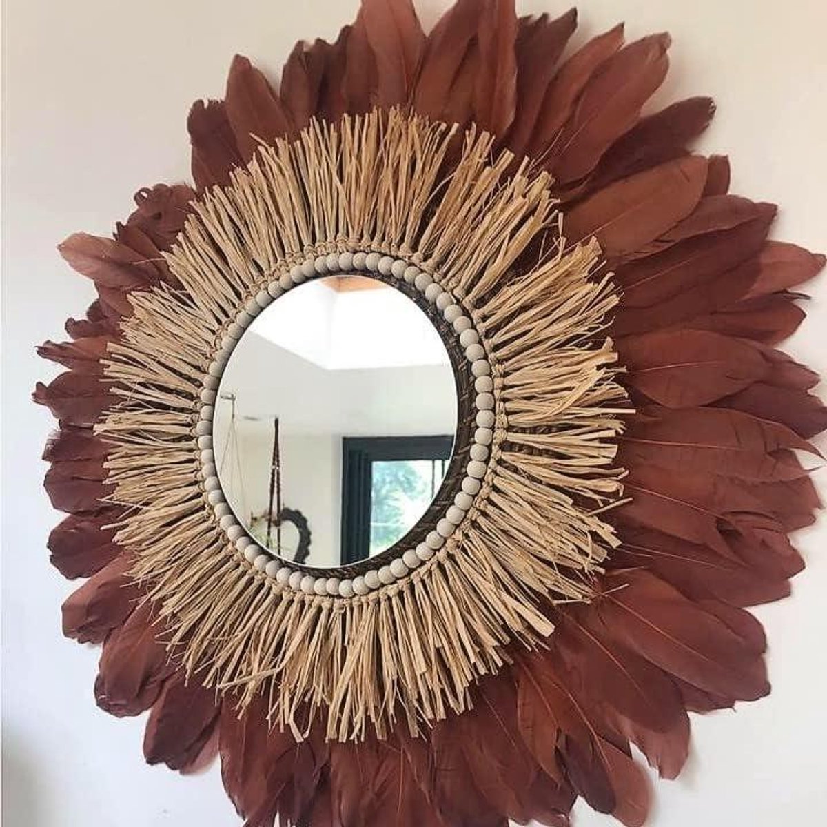 Ronde Rotan Spiegel - Bohemian Spiegel - Wanddecoratie - Met Veer Detail - N.v.t. - Terracotta