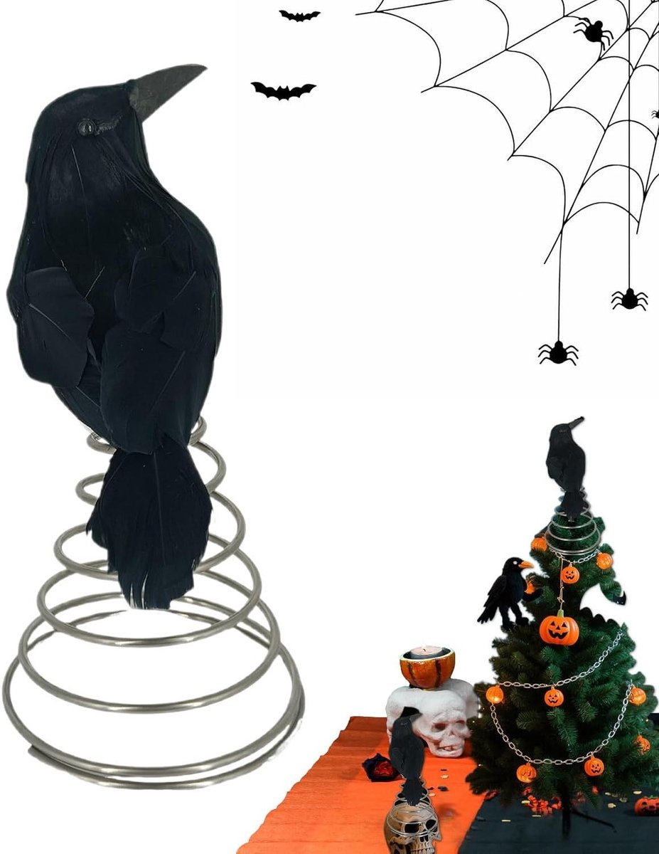 Kraai Decoratiebeeldje - Kunstkraai Lokvogel - Halloween Versiering - Weerbestendige Metalen Veerbasis - 14 x 11 x 14 cm - Zwart