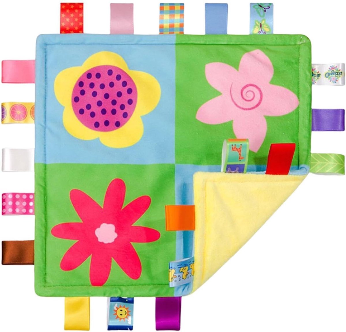 Veiligheidsdeken met etiketten - Knuffeldoekje baby - Baby kalmeren - Verbeterde zintuiglijke ervaring - 26.5 x 26.5 cm - Multicolor