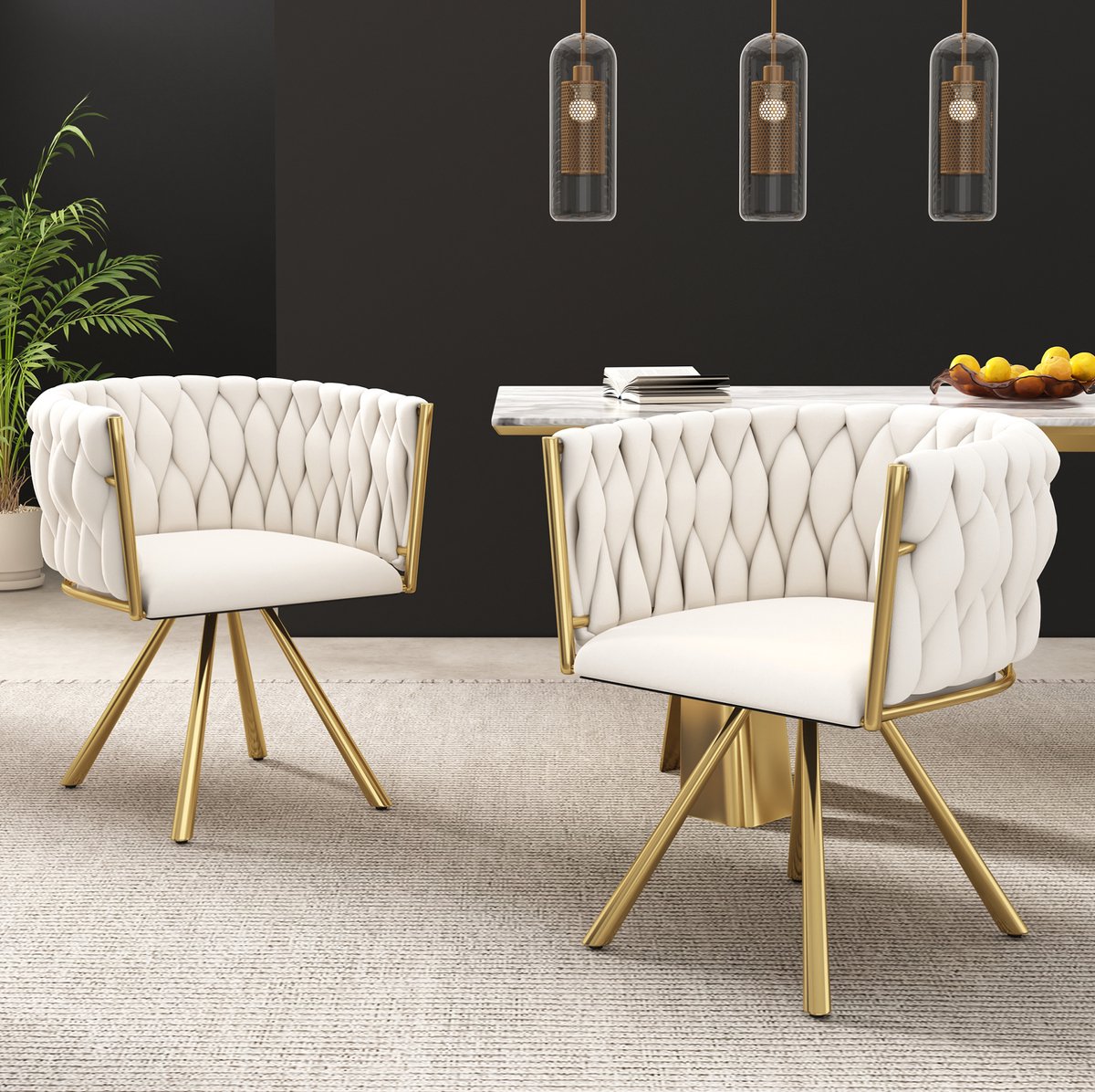 COVREO Eetkamerstoel 59x54x72 cm beige en goud, velvet kuipstoel, 360 graden draaibaar