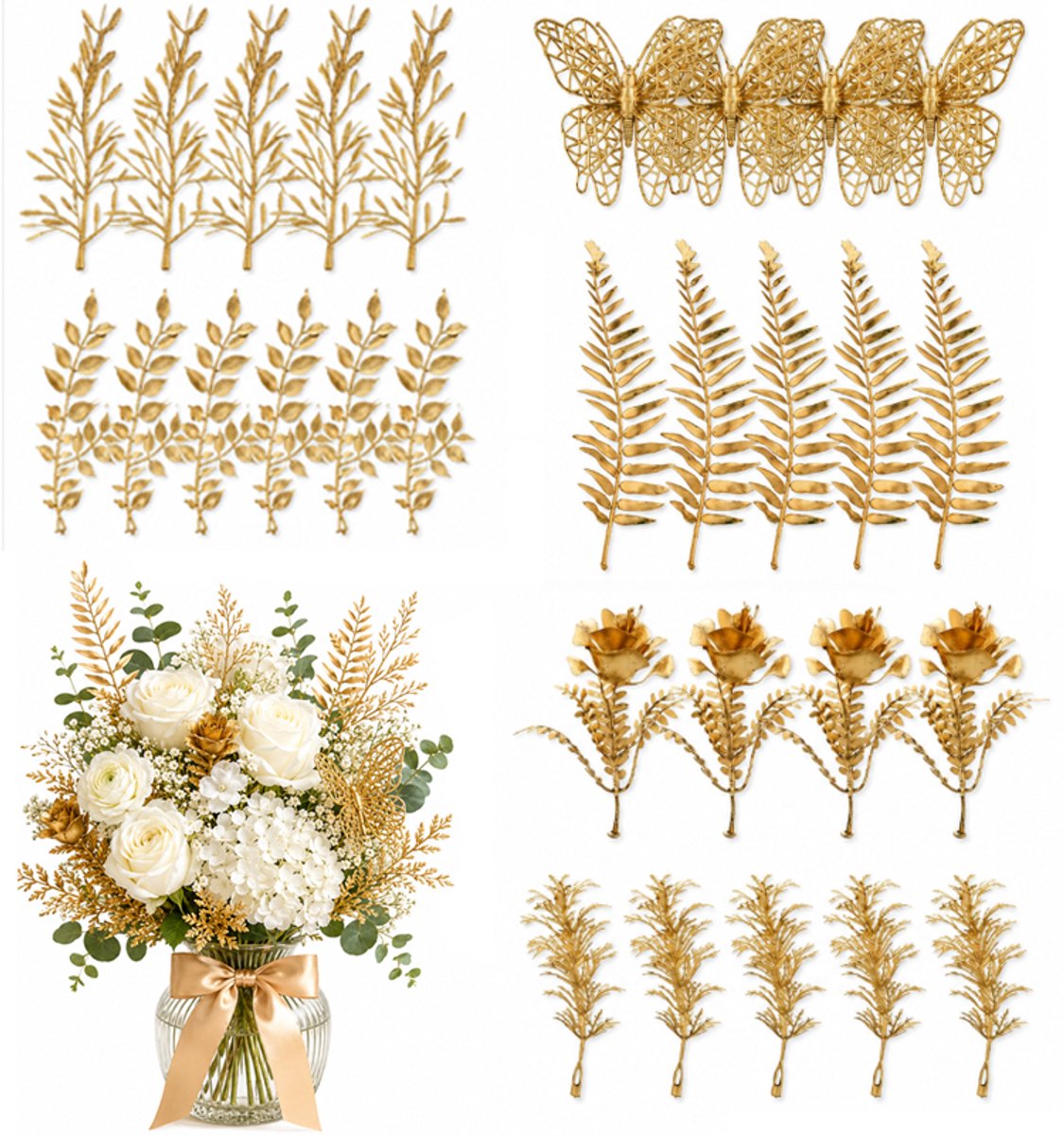 Bobypet - Kunstdecoratie - 30 miniatuur gouden decoraties - Met eucalyptusbladeren, vlinders, rozen, rijstkorrelvormige plantjes en varens - Plastic - Voor bruiloft en feest - Goud