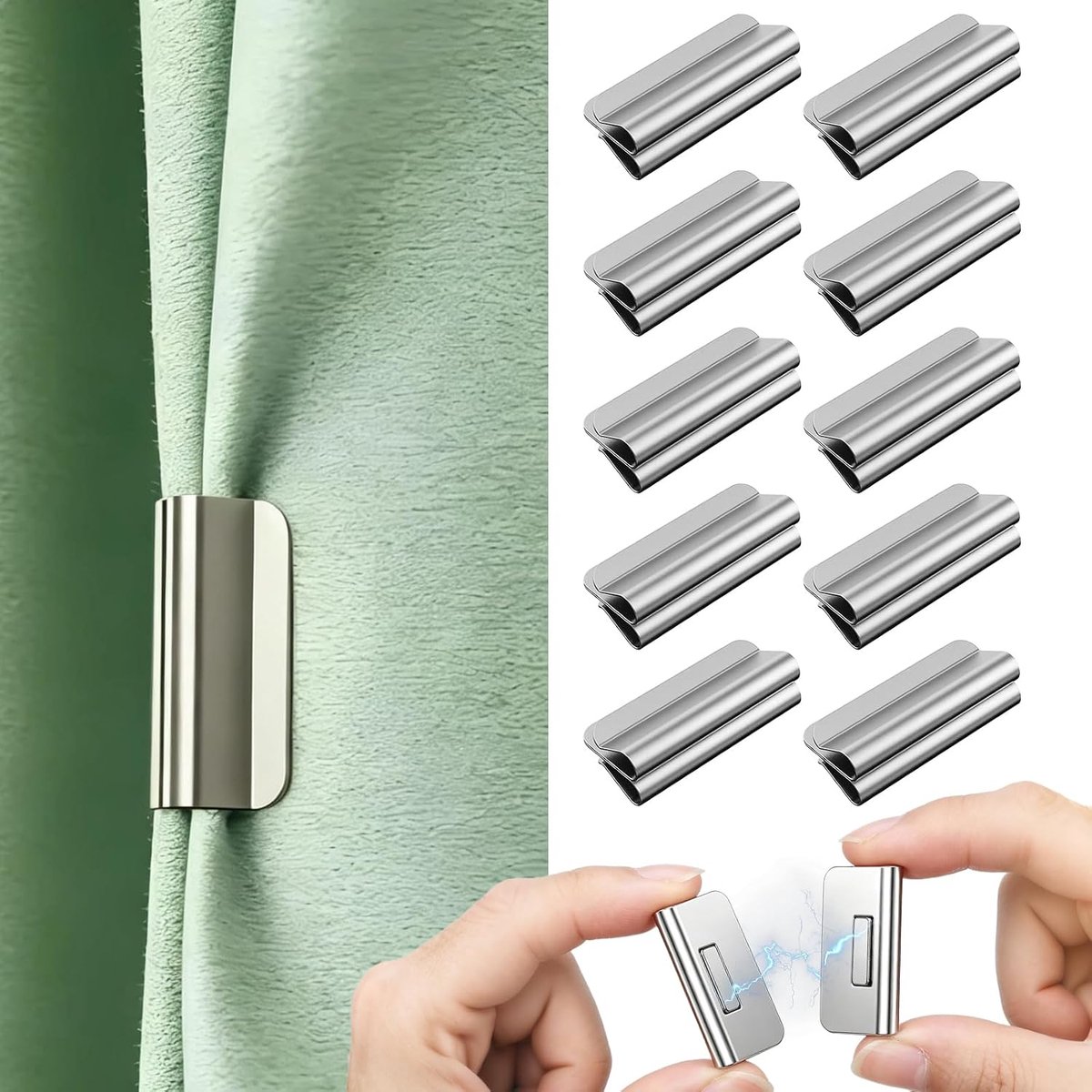 Bobypet - Gordijnclips magnetisch - Magnetische sluitingsclips voor gordijnen - 12 paar - Voor het vastzetten en sluiten van gordijnen - Voor privacy binnen en buiten - 3*1.5cm - Zilver