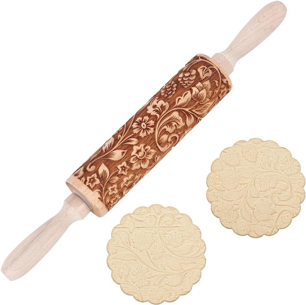Houten deegroller met bloemenmotief voor het maken van kerstgebak, koekjes en taartdecoraties, ideaal voor thuisbakkers