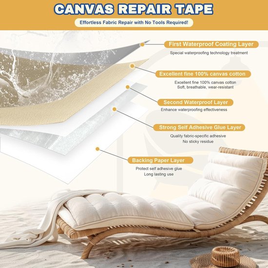 Zelfklevende stof - Reparatietape - Buitenmeubels repareren - Waterdichte canvas - 8 x 160 cm - Lichtgrijs — afbeelding 4