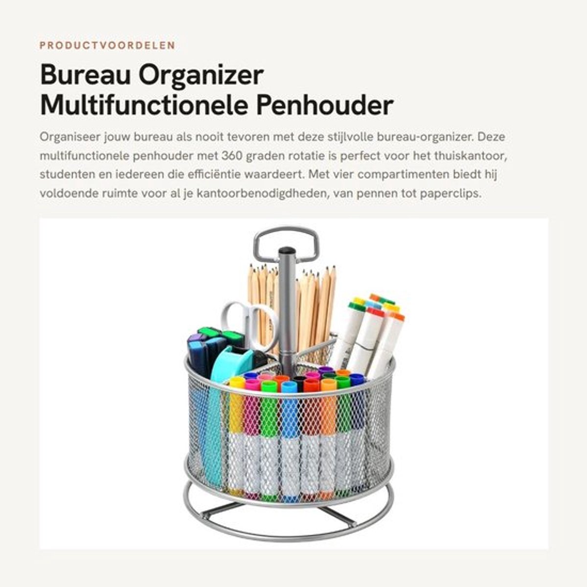 Bureau Organizer 360° Roterend - Penhouder - 4 Compartimenten - Bureaublad Organizer - Thuiskantoor Caddy - Stevig Metaal