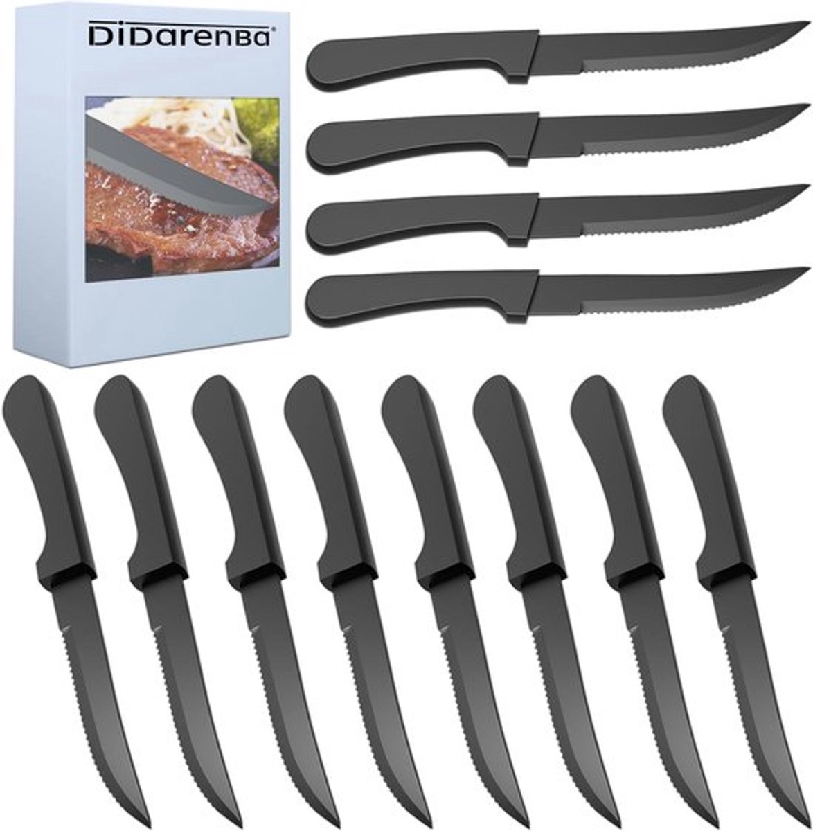 Vleesmessen Set 12 Stuks - Totale Grootte 22 cm - Vaatwasmachinebestendig - Elegante Stijl - Matzwart Design - Moderne Touch - Steakmessen