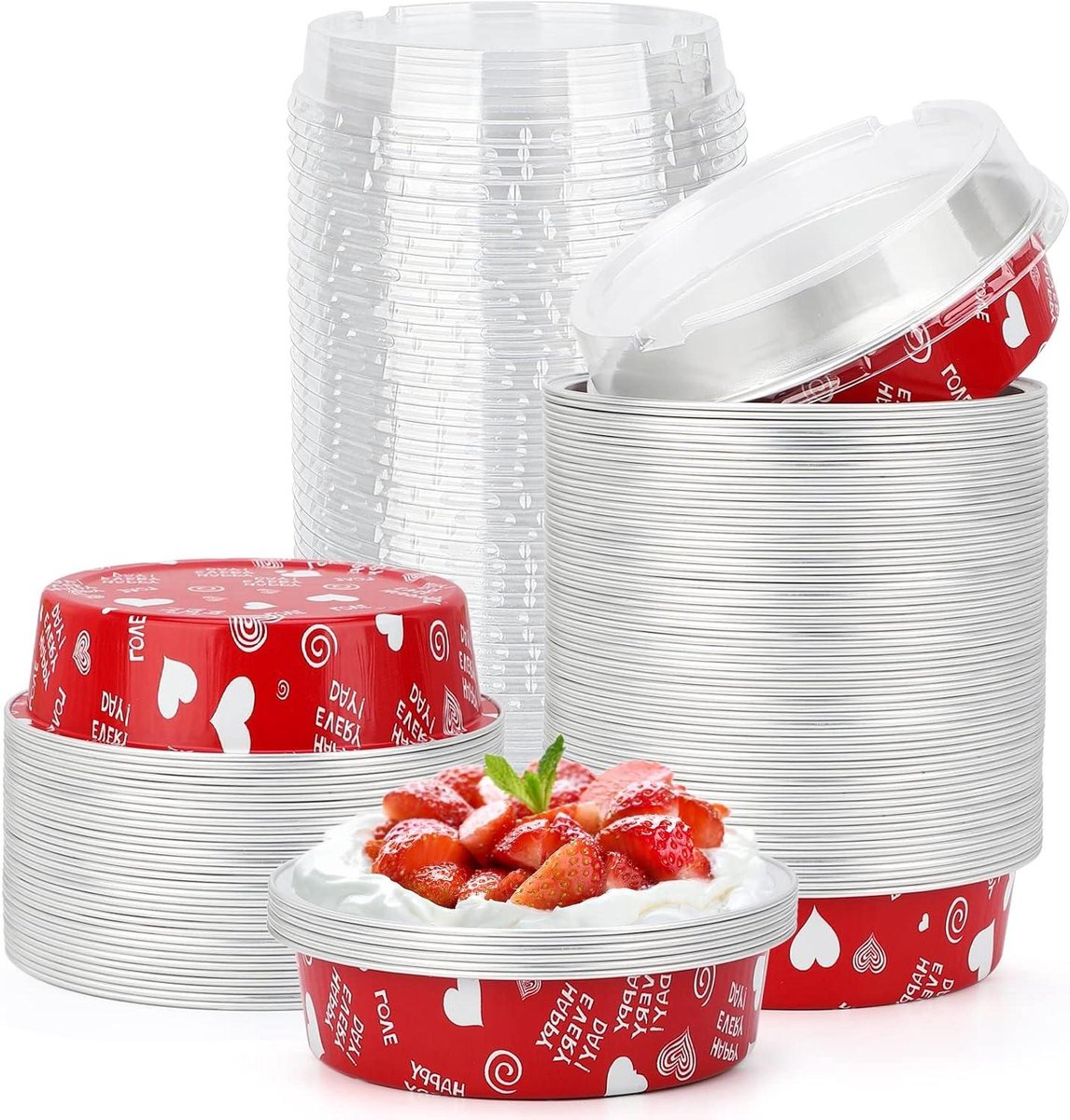 Mini Cake Vormen - Taartjes Bakvormen - Individuele Desserts Maken - Met Deksel - 100 Stuks - Rood