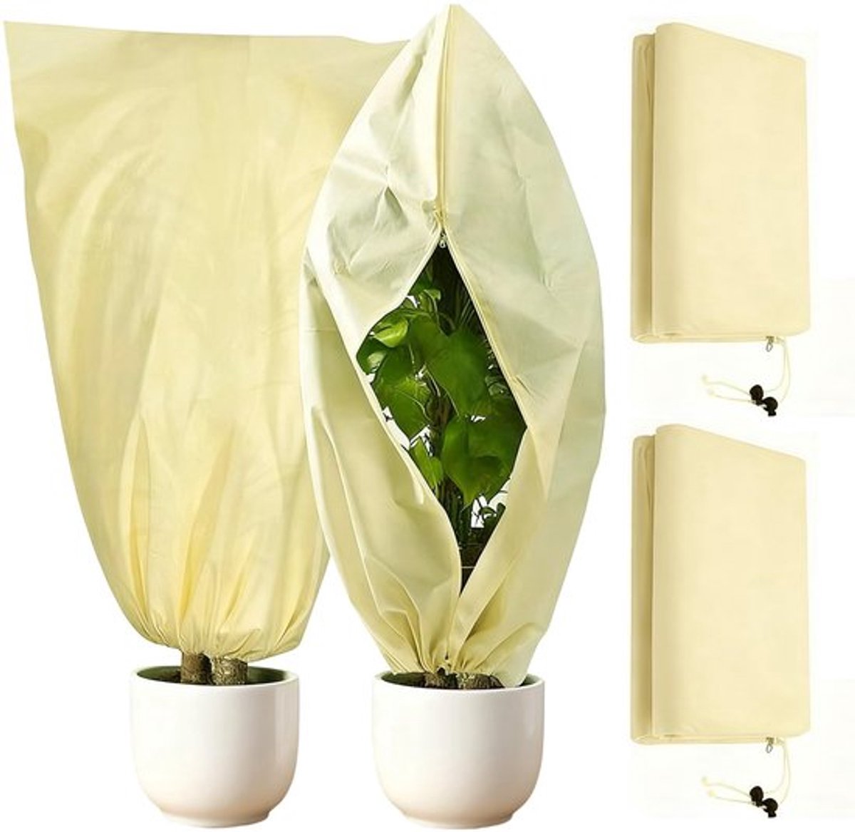 Overwinteringstent voor planten, van vliesstof, beige, plantenbeschermingshoes met ritssluiting en koord, ademende winterbescherming voor tuin, terras, 2 stuks, 120 x 180 cm