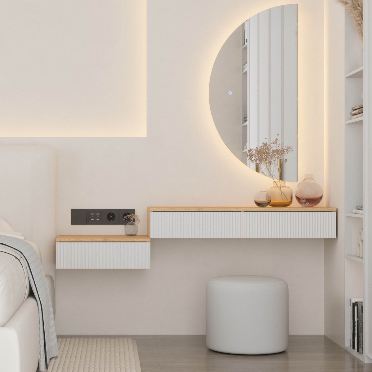 Planetmöbel AMYRA Slaapkamerset – Zwevend Nachtkastje 50 cm + Kaptafel 100 cm – Goud Eiken/Wit – Wandhangend