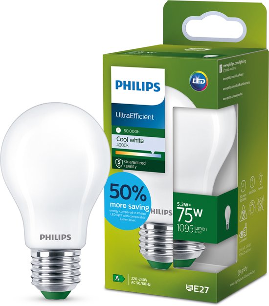Philips UltraEfficient LED-lamp met E27 fitting, 75W, 1095 lumen, koelwit 4000K.