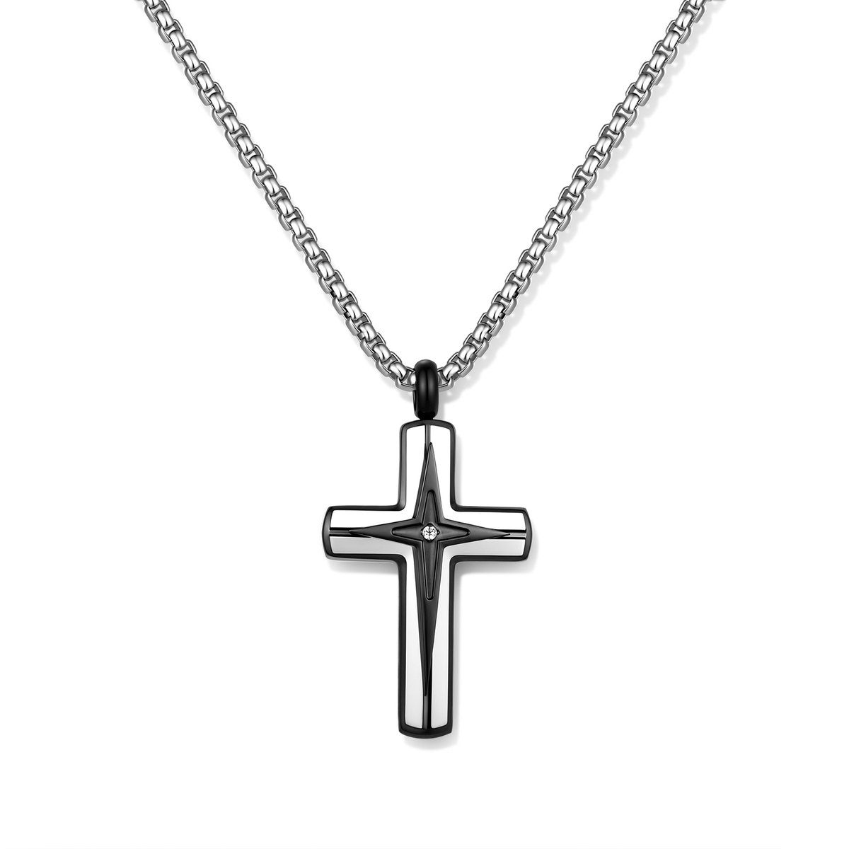Frank 1967 7FN-0093 – Ketting Heren – Kruis Ketting – Zilverkleurig Roestvrij Staal – 50+10 cm – Cadeau voor Mannen