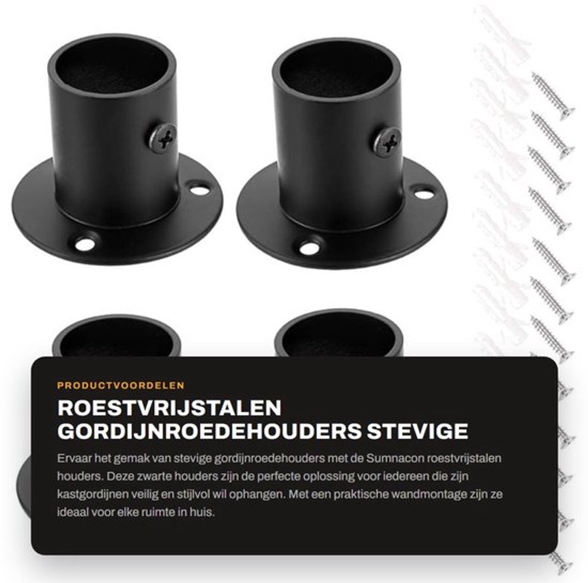 Gordijnroedehouder - 4 Stuks - Roestvrij Staal - Zwart - Steun voor Kastgordijn - Geschikt voor Pijpdiameter 23-25 cm - Gordijnsteun
