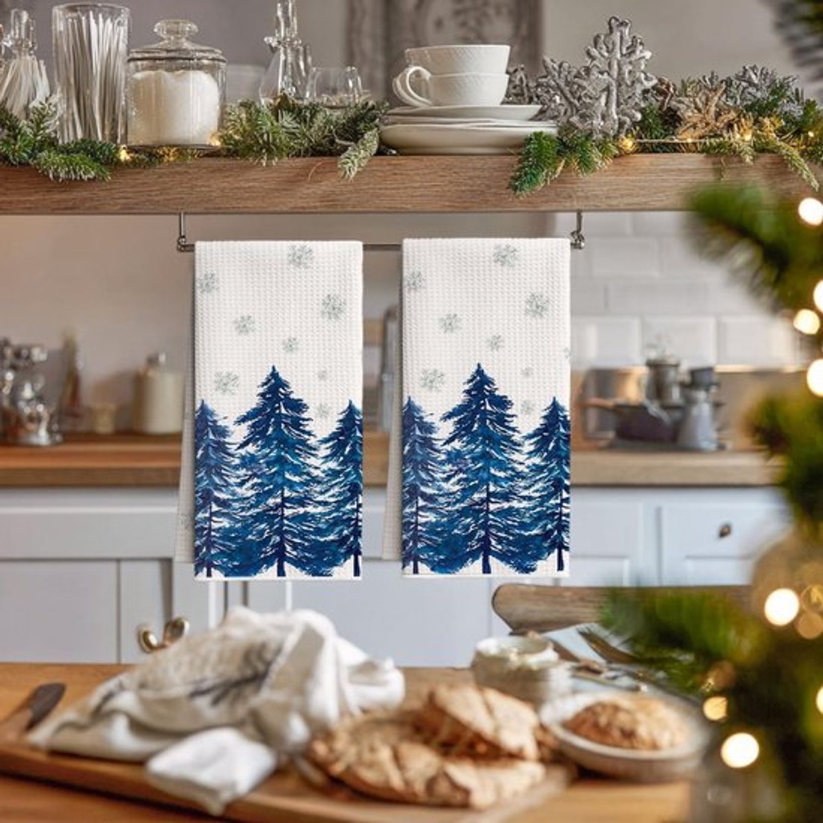 Blau Schneeflocken Kiefern Keukendoeken 2er Set - Microvezel Vaatdoeken