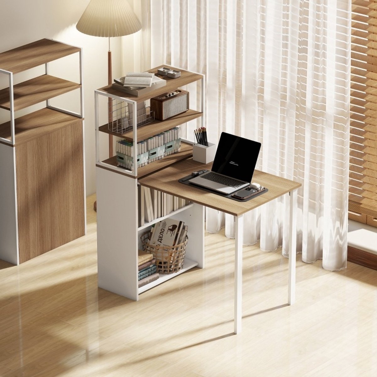 MIVRAY Bureau – Klapbaar Met 4 Opbergplanken – 105 x 60 x 127 cm – Spaanplaat En Metaal – Naturel Hout – Voor Kantoor En Studie