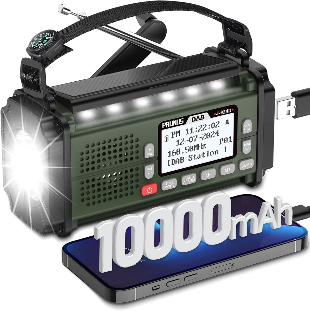 Noodradio solar en opwindbaar - Groen - 17,1 x 9,1 x 7,1 cm - Draagbare Radio met 10000 mAh Accu en Zaklamp - Voor Noodgevallen en Outdoor