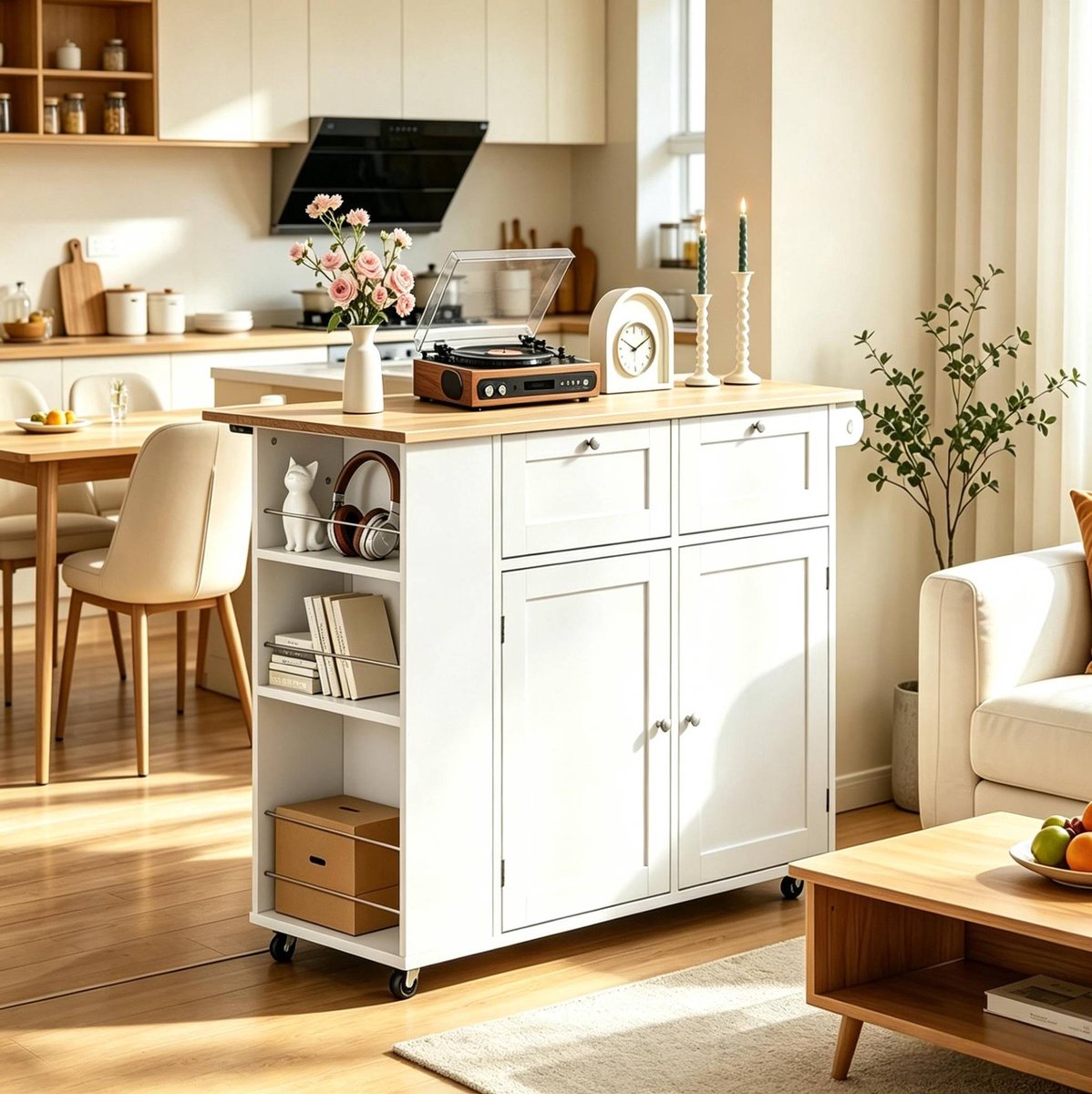 MODENUIT Keukenkast – Klapbaar Werkblad – 101 x 62 x 86 cm – Spaanplaat en Metaal – Wit en Licht Eiken