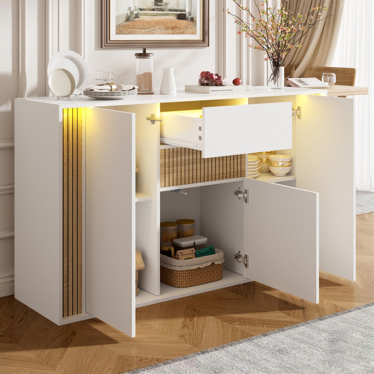 DESMIU Dressoir Met 3 Deuren En 1 Lade Met Verstelbare LED Verlichting Voor Woonkamer En Hal Van Spaanplaat Wit En Natuur 140x40x82 Cm