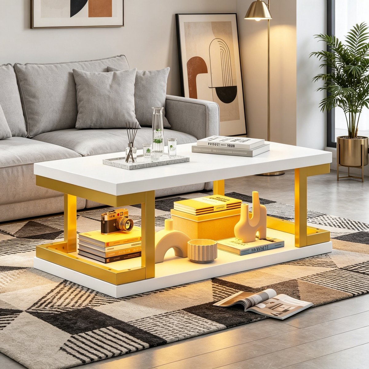 DESMIU Salontafel - Rechthoek Met LED Verlichting En Open Opbergruimte - Voor Woonkamer, Eetkamer En Werkkamer - MDF En Metaal - Wit Goud - 100x50x37,5 Cm