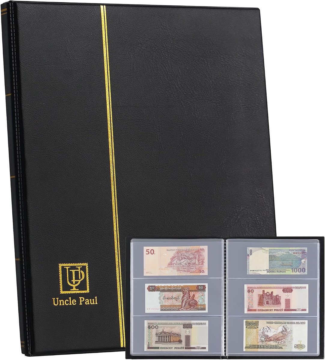 Muntenverzamelmap - Zwart - 29,5 x 23 x 2,5 cm - Kunstleren Hardcover met Zuurvrije PVC Pagina's - Voor Bankbiljetten en Verzamelobjecten