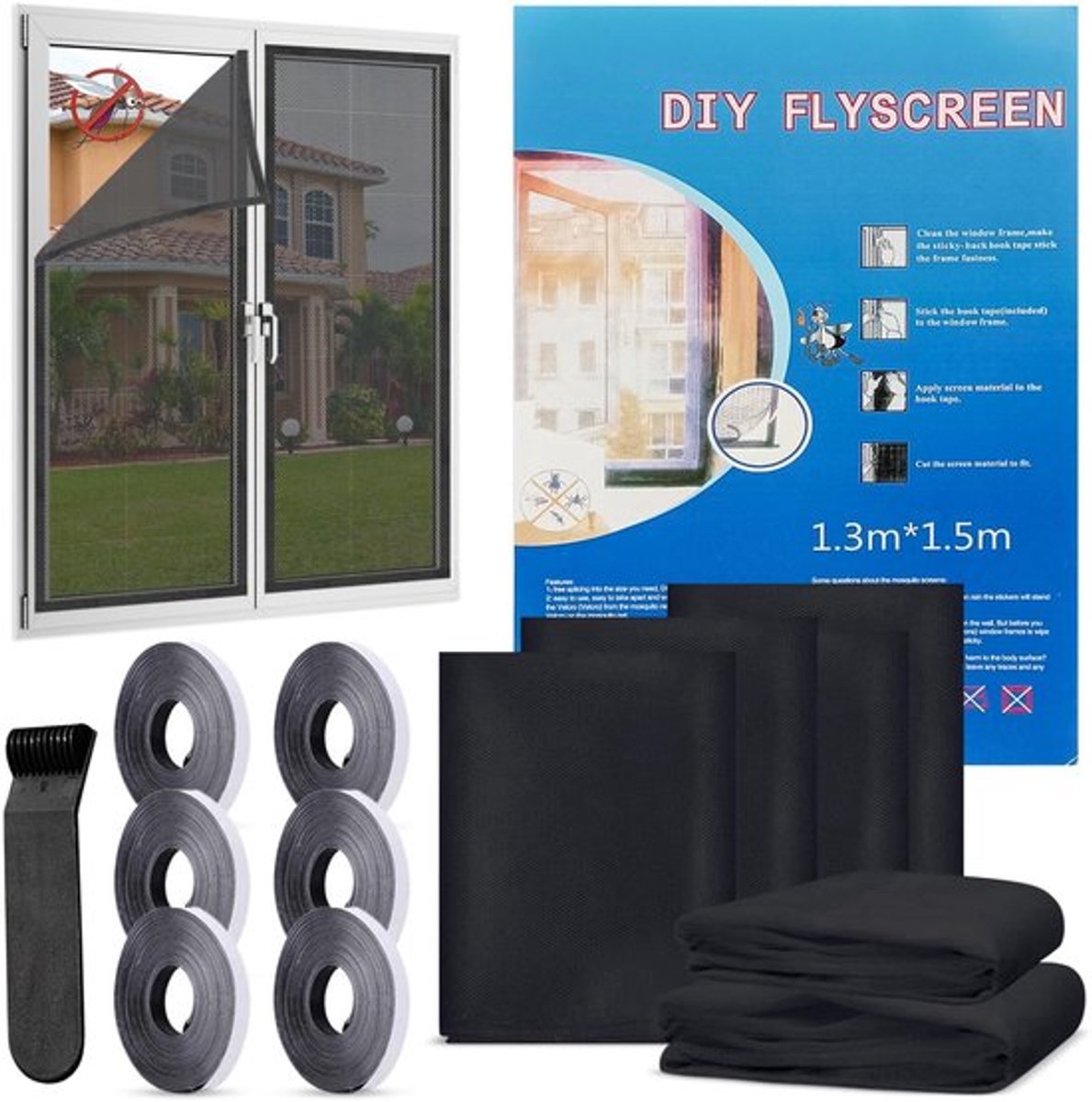 Vliegengaas Zelfklevend - 6 Stuks - 130 x 150 cm - Muggennet voor Raam - Zonder Boren - Inclusief Plakband