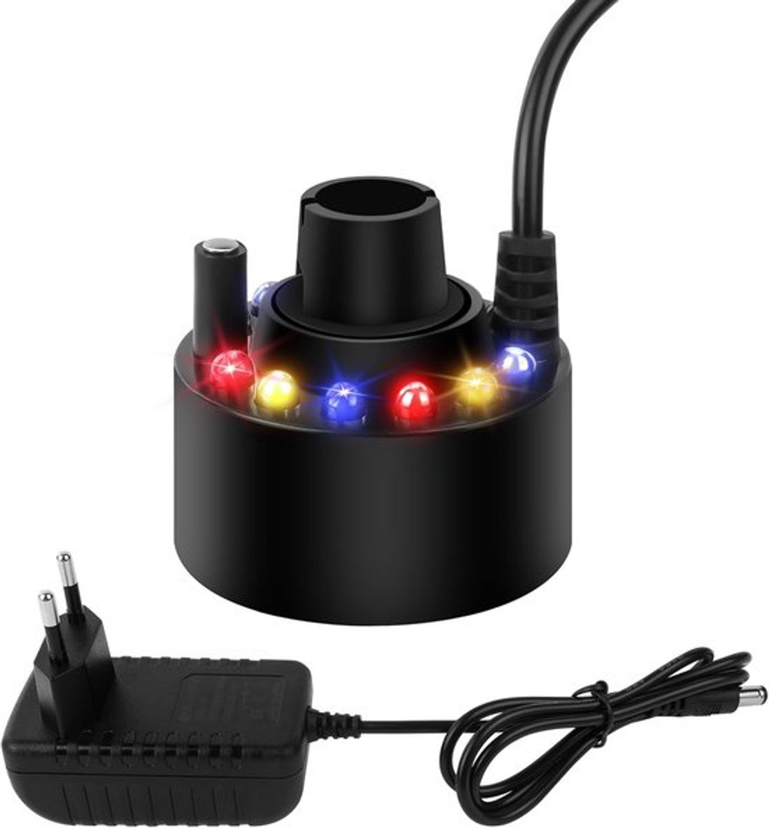 SnelShoppen - Mini Mist Maker Fogger met 12 LED Kleuren, 24V Kleurenveranderende Mini Fog Machine voor Binnen, Fountains, Humidifier, Mist Atomizer vo