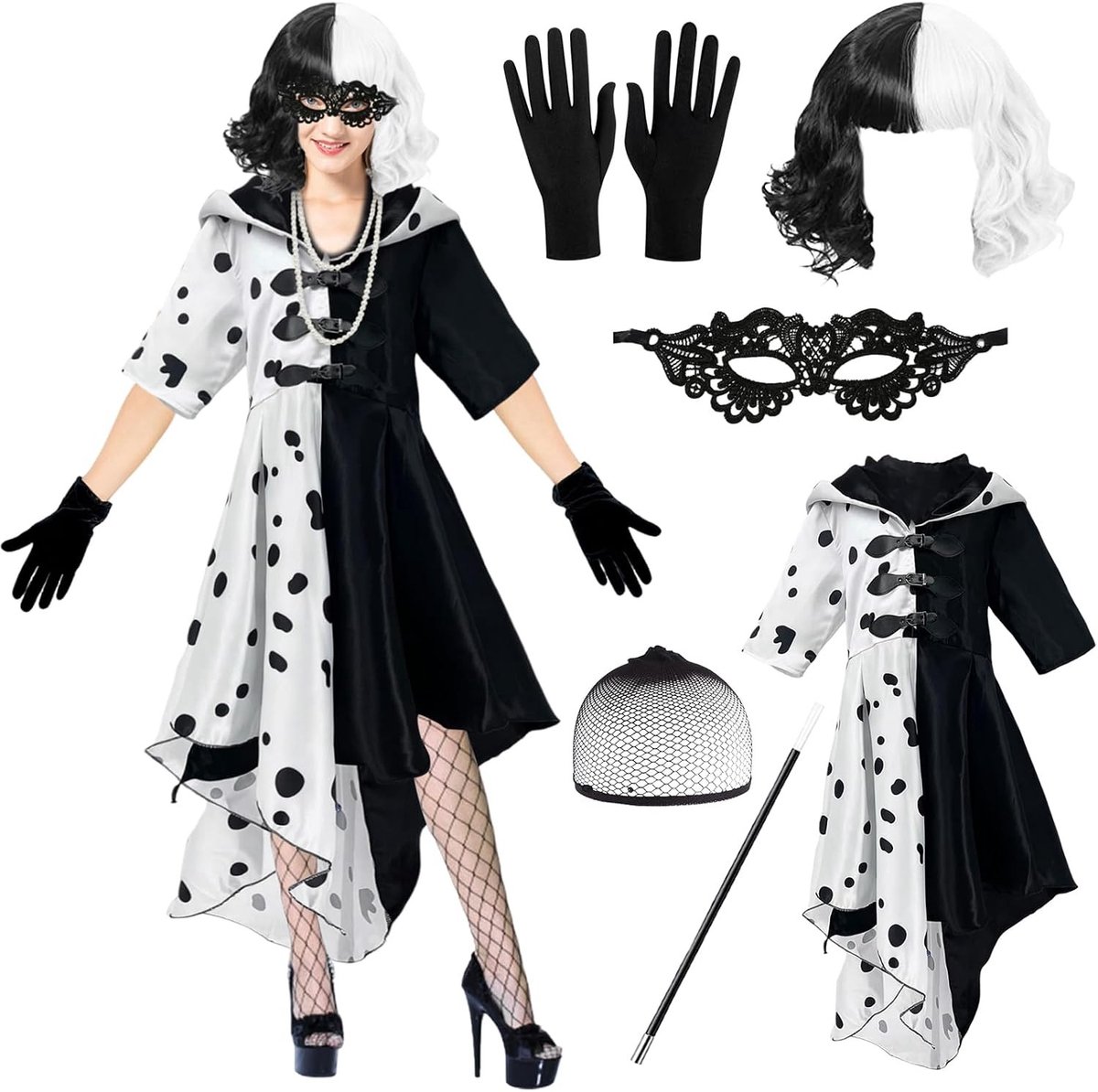 Dames kostuum met 8 delen voor carnaval en Halloween, inclusief jas met capuchon, pruik, masker, handschoenen en parelketting in zwart-wit Dalmatian stijl