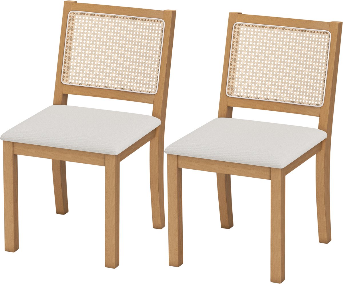 Eetkamerstoelen rotan, set van 2, keukenstoelen hout, wit | Woonkamerstoel met houten poten en rugleuning, gestoffeerde stoel van linnen, eetkamerstoelen voor woonkamer