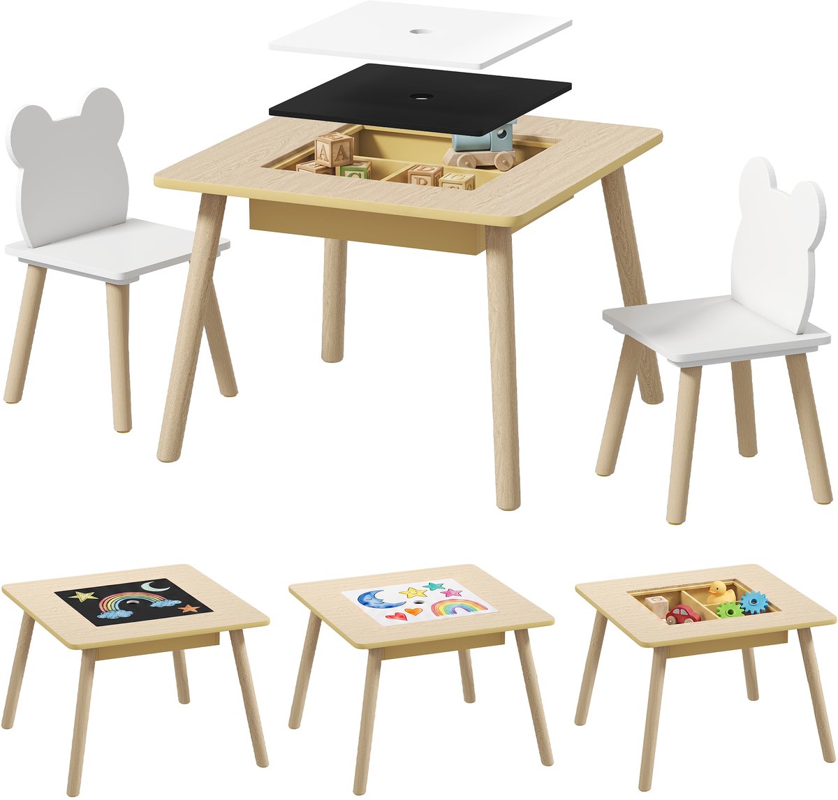 AIYAPLAY Kindertafel- en Stoelenset-MDF, Grenenhout-60L x 60B x 44H cm-Natuurhout