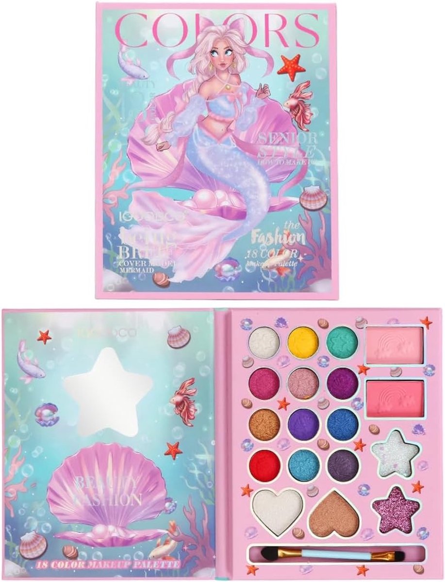 Make-upkoffer voor meisjes - Zeemeermin - 18 kleuren - Complete make-upset met oogschaduw en lippenstift - Voor kinderen