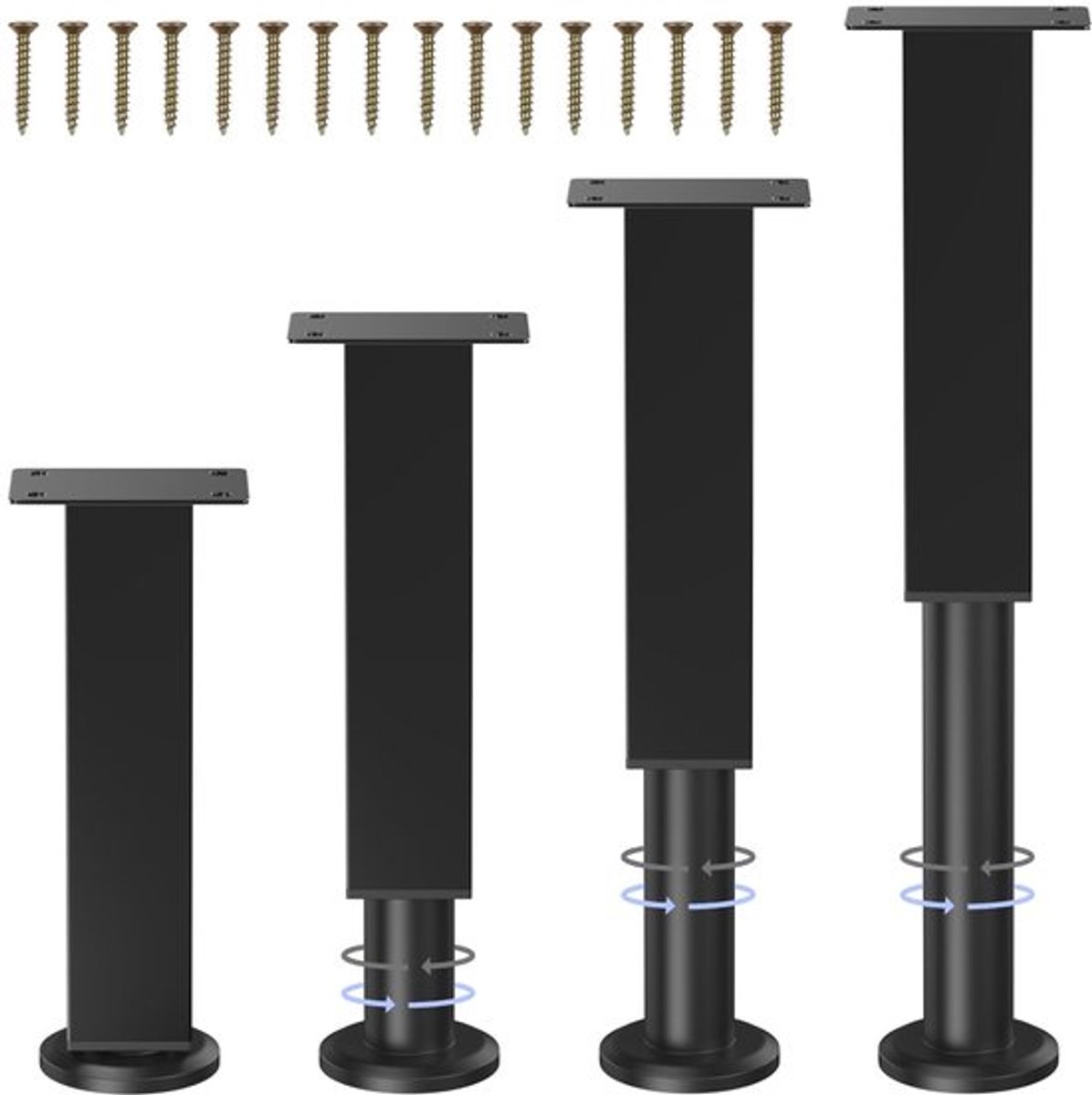 4 stuks meubelpoten, zwart, vierkant, verstelbaar, 18-30 cm